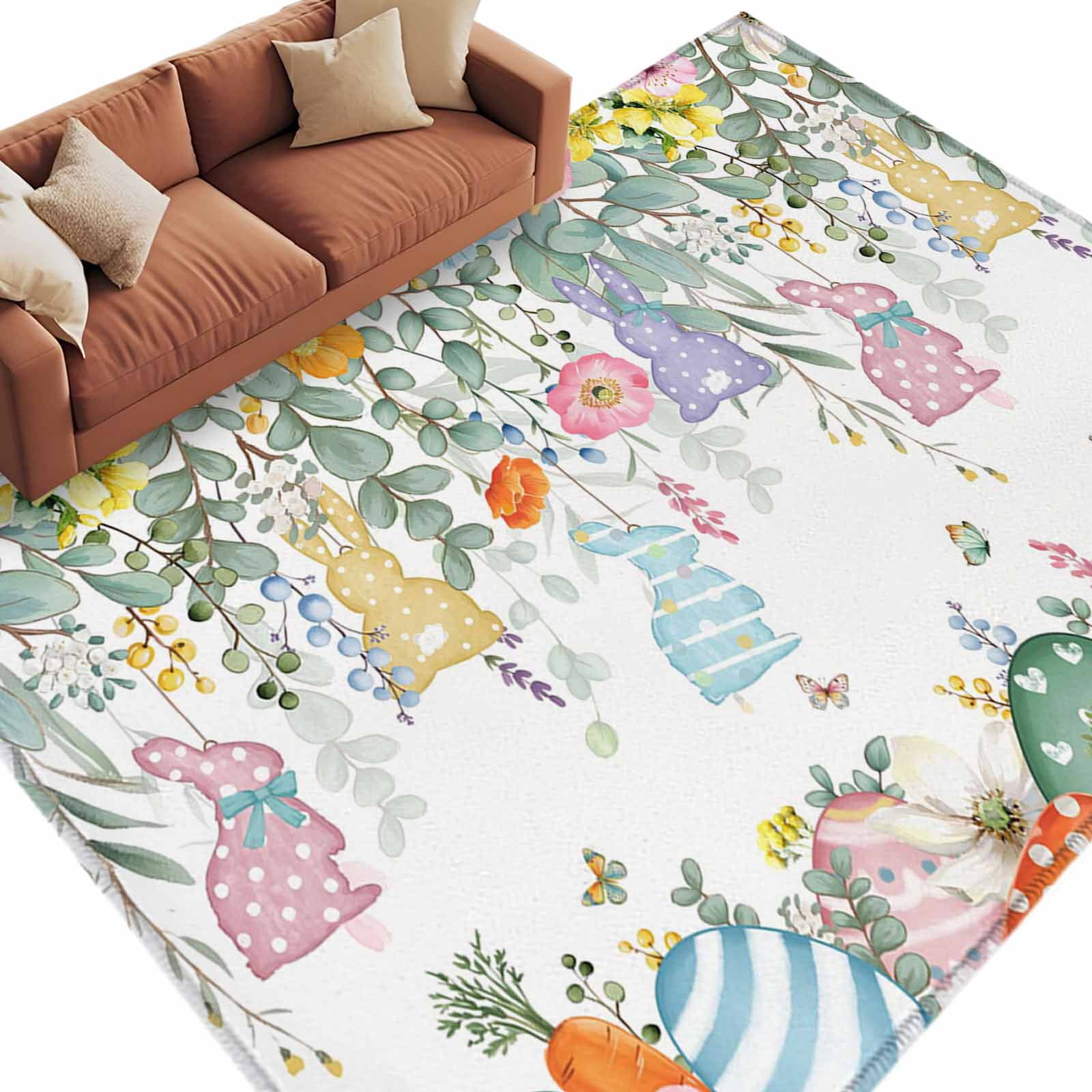 Pink Easter Rug Easter Bunny Washable Area Rug 5 x 7 ft Spring Blue Pink Yellow Rabbit ...