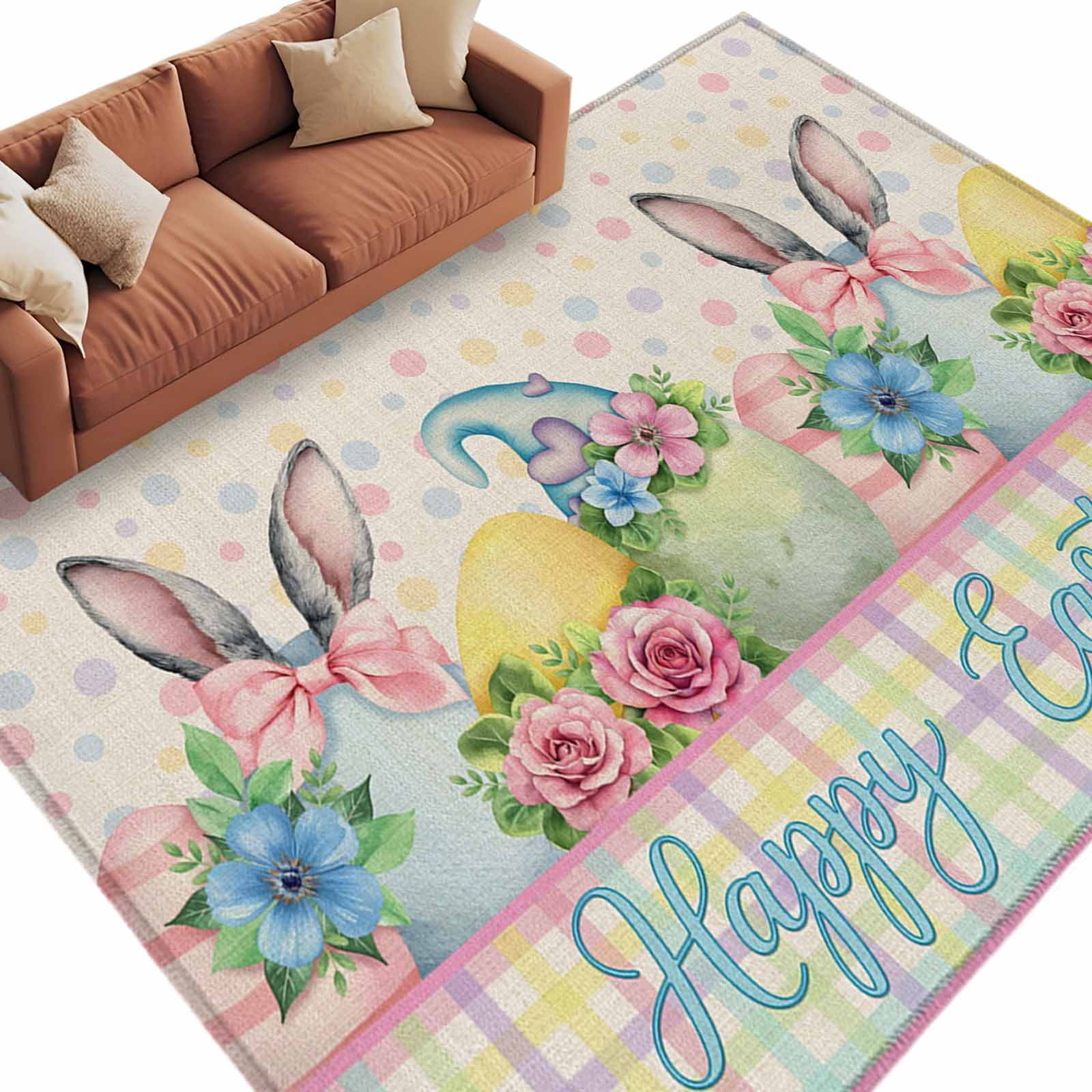 Easter Colors Rag Rug Easter Bunny Washable Area Rug 8 x 10 ft Colorful Eggs Pink Flower Bow ...