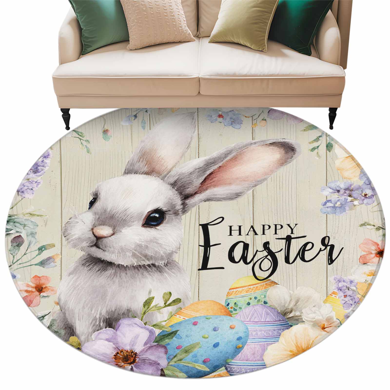 Round Easter Rug Easter Bunny Washable Round Area Rug 8 ft, Cute Rabbits Eggs Watercolor ...