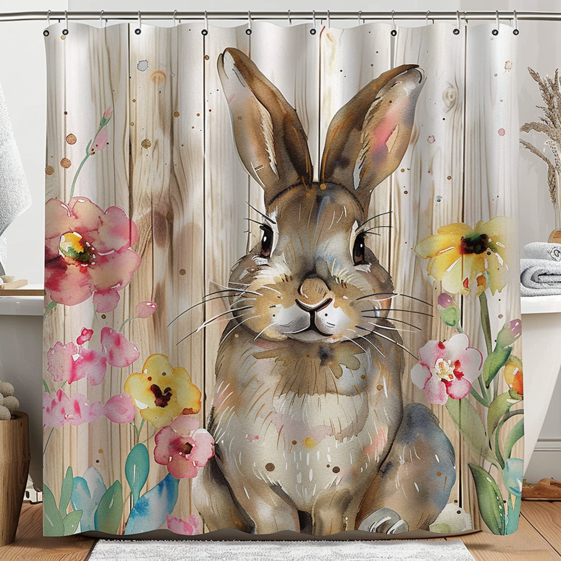 Easter Bunny Watercolor Floral Shower Curtain Brighten Your Bathroom ...