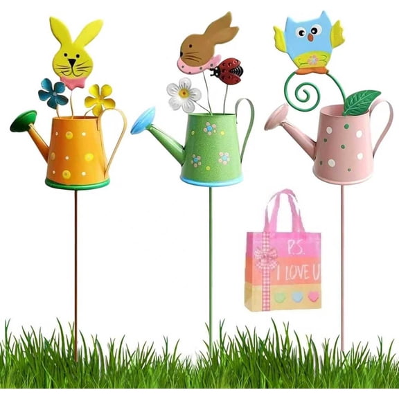 Easter Bunny Watering Can Garden Stake, Metal Spring Outdoor Decor for Yard Patio Lawn - Rabbit with Watering Can Decorative Stake(XX-3pcs)