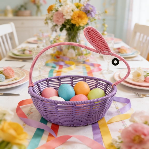Easter Bunny Weaving Basket, White or Purple Plastic Decorative Storage Bin with Handles for Easter Eggs, Flowers, Toys, and Home Organization, 1-Pack