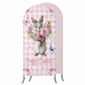 Easter Bunny Wedding Arch Cover,Stretchy Spandex Arch Backdrop Stand Covers 4 FT,Cute Rabbits Spring Daisy Flowers Pink Plaid Round Top Arched Backdrop Cover for Birthday Party Ceremony Baby Shower