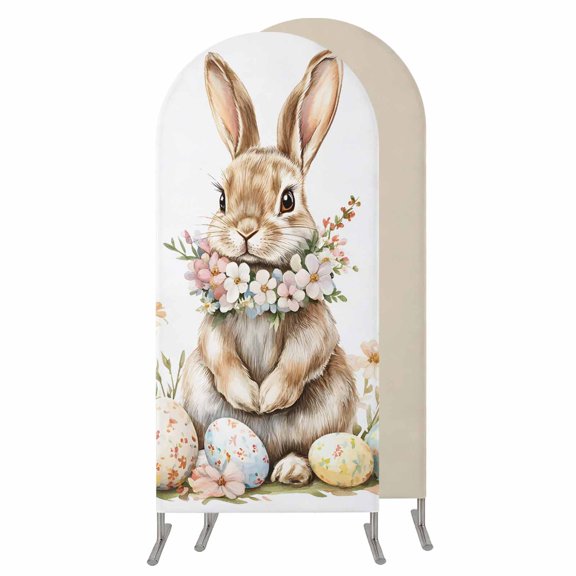 Easter Bunny Wedding Arch Cover,Stretchy Spandex Arch Backdrop Stand Covers 4 FT,Pastel Spring Floral Wreath Rabbit Eggs Round Top Arched Backdrop Cover for Birthday Party Ceremony Baby Shower Event