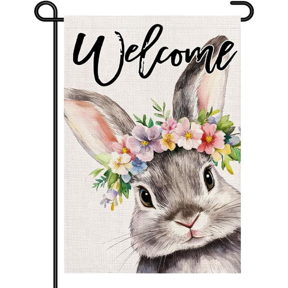 Easter Bunny Welcome Garden Flag, Small Double Sided Yard Sign with Floral Crown, Spring Rabbit Outdoor Porch and Lawn Decor, 12 x 18 Inches