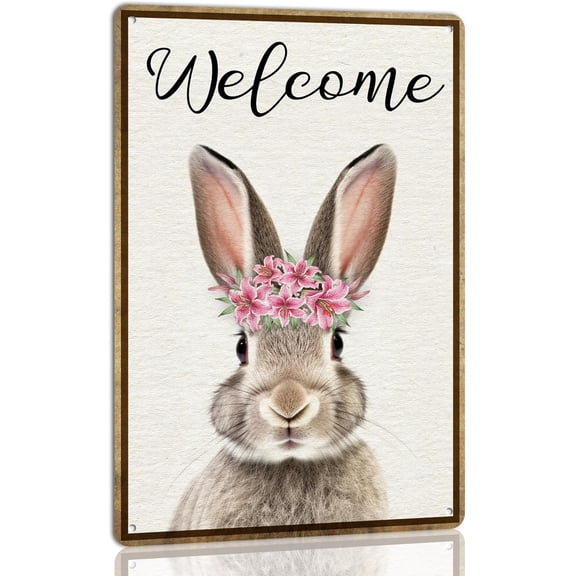 Easter Bunny Welcome Sign Tin Plaque for Farmhouse Wall Decor, 8x12 Inches