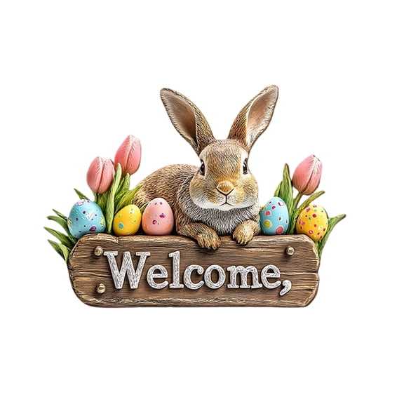 Easter Bunny Welcome Wall Hanging Accessory Rustic Wooden Plaque Decor with Colorful Eggs Tulips Accents Festive Spring Home Entryway Decorations Cute Bunny Hanging Sign