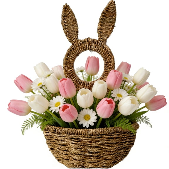 Easter Bunny Wicker Basket Door Decoration Rabbit Woven Basket Hanging Wreath for Front Door with Easter Tulips Egg Floral Decorations for Wall Indoor Outdoor Spring Home Decor, Wood, 16.54*8.66in