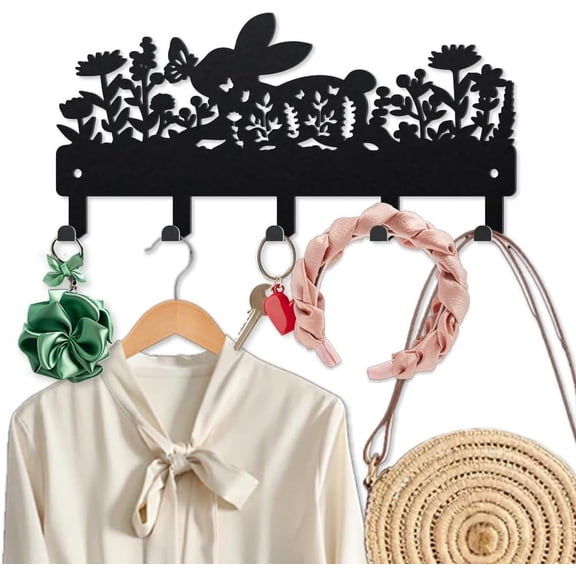 Easter Bunny Wildflower Metal Key Hook Rabbit Animal Butterfly Coat Rack for Wall 9.84.7inch Spring Flowers Weeds Plants Key Holder with 5 Hooks for Gift Kitchen Garden Home Decor