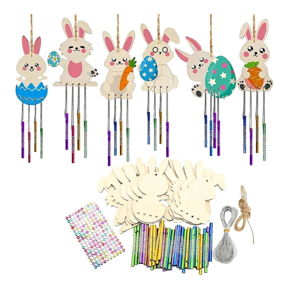 Easter Bunny Wind Chime Kits Easter Crafts for Kid Make Your Own Easter Rabbit Wind Chime Wooden DIY Art and Crafts for Spring Party School Classroom Hanging Decoration Supplies Birthday Favor