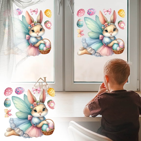 Easter Bunny Window Cling, 30x30cm Electrostatic Window Adhesive Basket Decor, Removable Holiday Decal for Glass Door and Window Spring Party Decoration