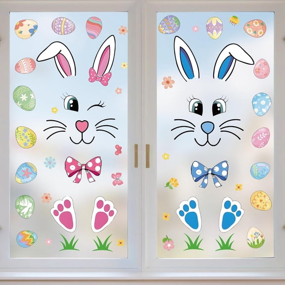 Easter Bunny Window Clings, 12x24 Inch, Large Reusable Static Stickers with Eggs, Spring Decals for Window Glass Door Refrigerator