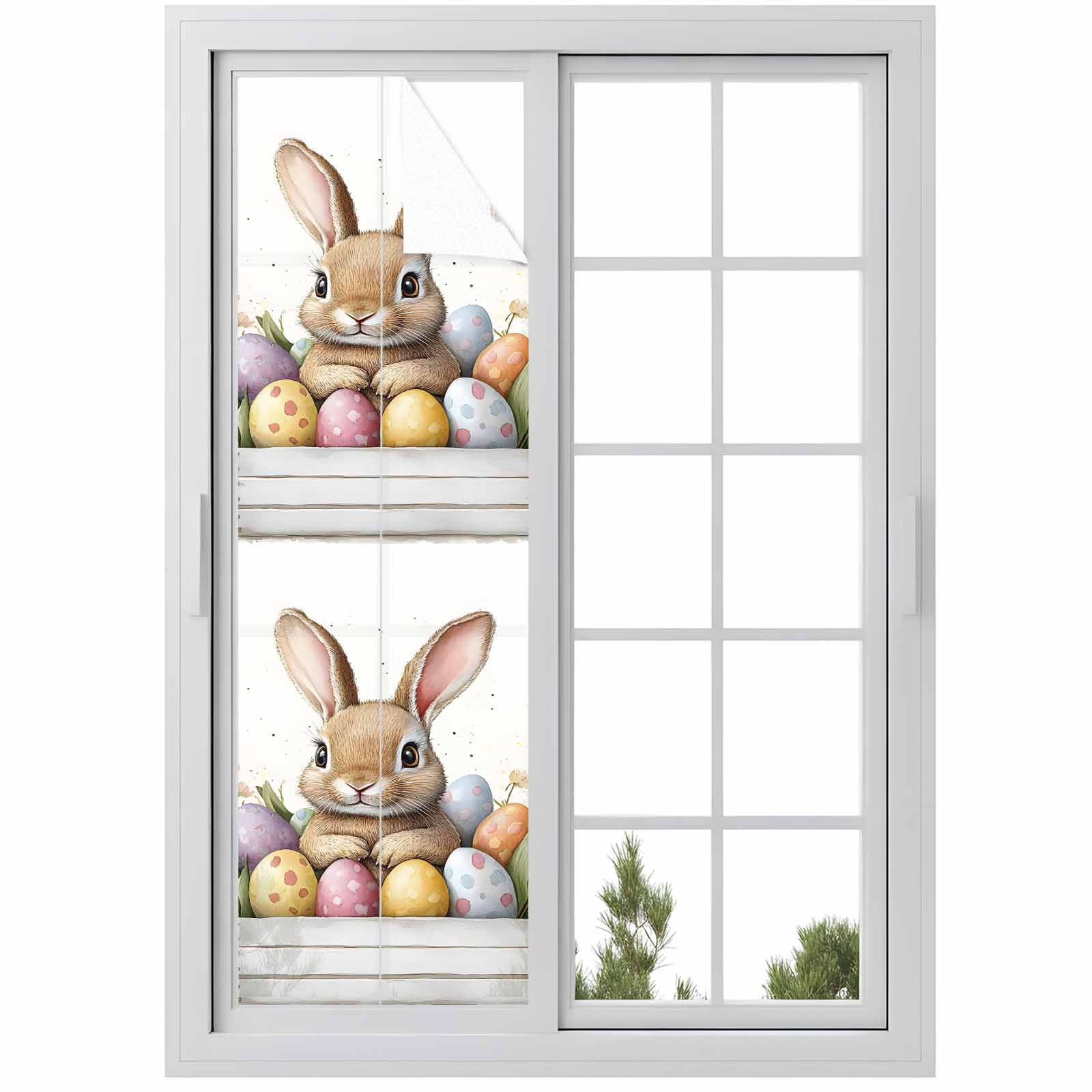 Easter Bunny Window Privacy Film, Cartoon Rabbit Purple Yellow Eggs Tulip Floral Leaf Frosted Glass Window Clings Static Cling UV Heat Blocking Reusable Door Sticker for Bedroom 23.6x78.7 Inch
