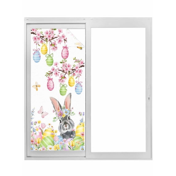 Easter Bunny Window Privacy Film, Colorful Easter Eggs Spring Pink Peach Flowers Static Cling UV Sun Blocking Tint Film Heat Control Windows Films for Bedroom Bathroom, Window Stickers 29.5"x78.7"
