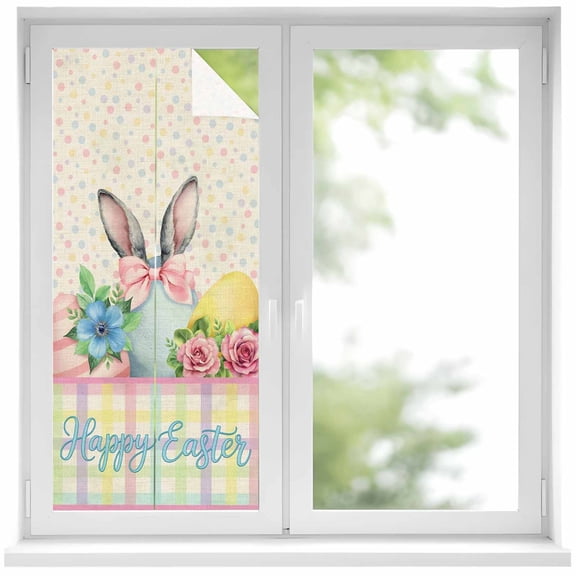Easter Bunny Window Privacy Film, Colorful Eggs Pink Flower Bow Rabbit Ear Retro Polka Dots Frosted Glass Window Clings Static Cling UV Heat Blocking Reusable Sticker for Bedroom 19.6 x 39.3 Inch