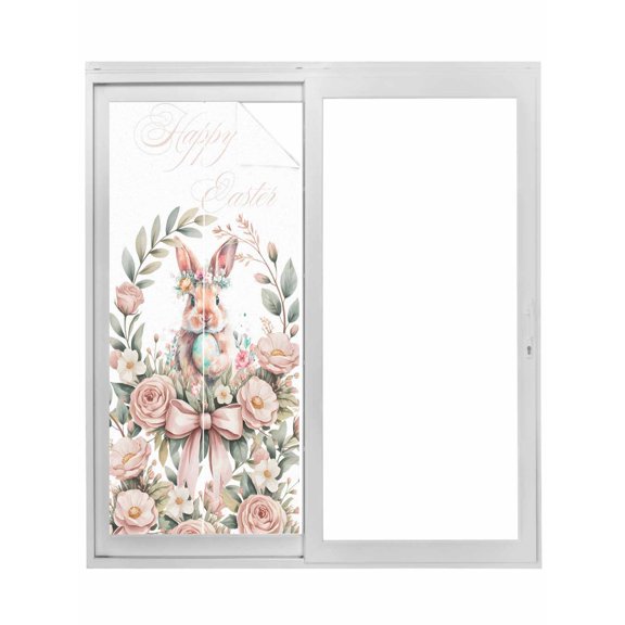 Easter Bunny Window Privacy Film, Cute Rabbit Rose Floral Pastoral Leaves Plants Static Cling UV Sun Blocking Tint Film Heat Control Windows Films for Bedroom Bathroom, Window Stickers 17.7"x39.3"