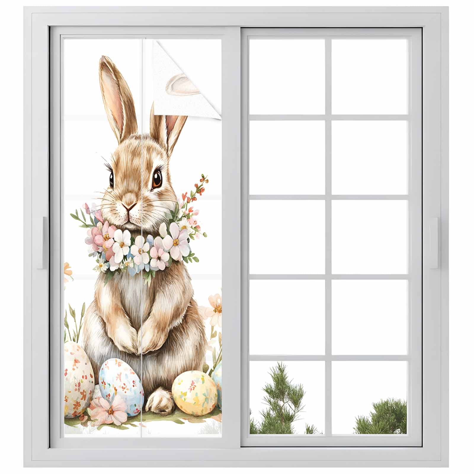Easter Bunny Window Privacy Film, Eggs Wreath Frosted Glass Window Clings Static Cling UV Heat Blocking Reusable Door Sticker for Bathroom 23.6 x 59 Inch