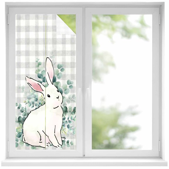 Easter Bunny Window Privacy Film, Eucalyptus Leaves Rabbit Farmhouse Grey Plaid Static Cling UV Sun Blocking Heat Control Window Tint Day and Night, Non-Adhesive One Way Privacy Cover 19.6''x39.3''