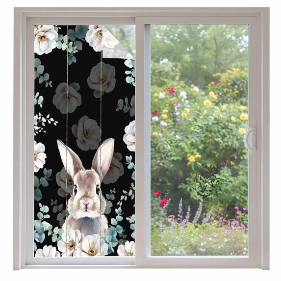 Easter Bunny Window Privacy Film, Eucalyptus Leaves Rabbit Flowers Black Static Cling UV Sun Blocking Heat Control Window Tint Day and Night, Non-Adhesive One Way Windows Privacy Cover 35.4''x78.7''