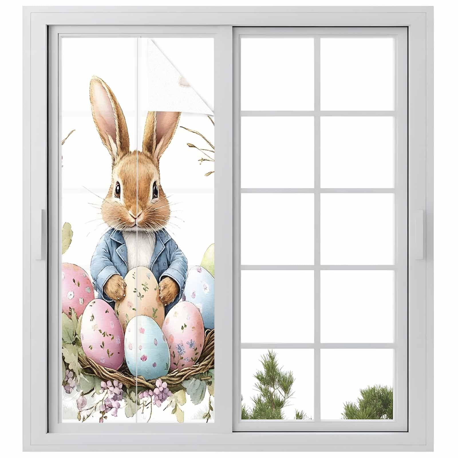 Easter Bunny Window Privacy Film, Funny Rabbit Pink Blue Green Eggs Spring Floral Leaf Frosted Glass Window Clings Static Cling UV Heat Blocking Reusable Door Sticker for Bedroom 23.6x59 Inch