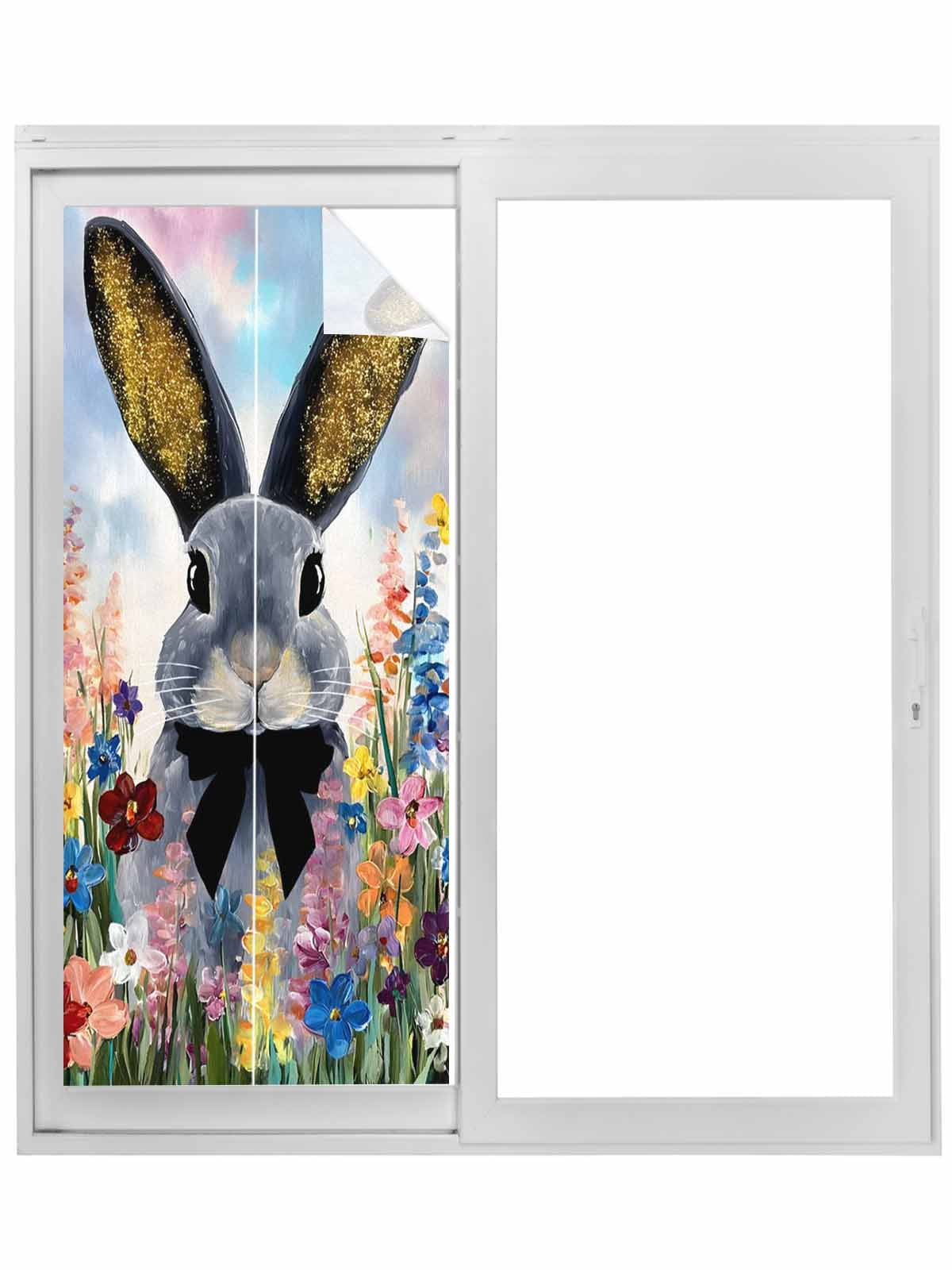 Easter Bunny Window Privacy Film, Grey Rabbit Spring Flowers Vintage ...