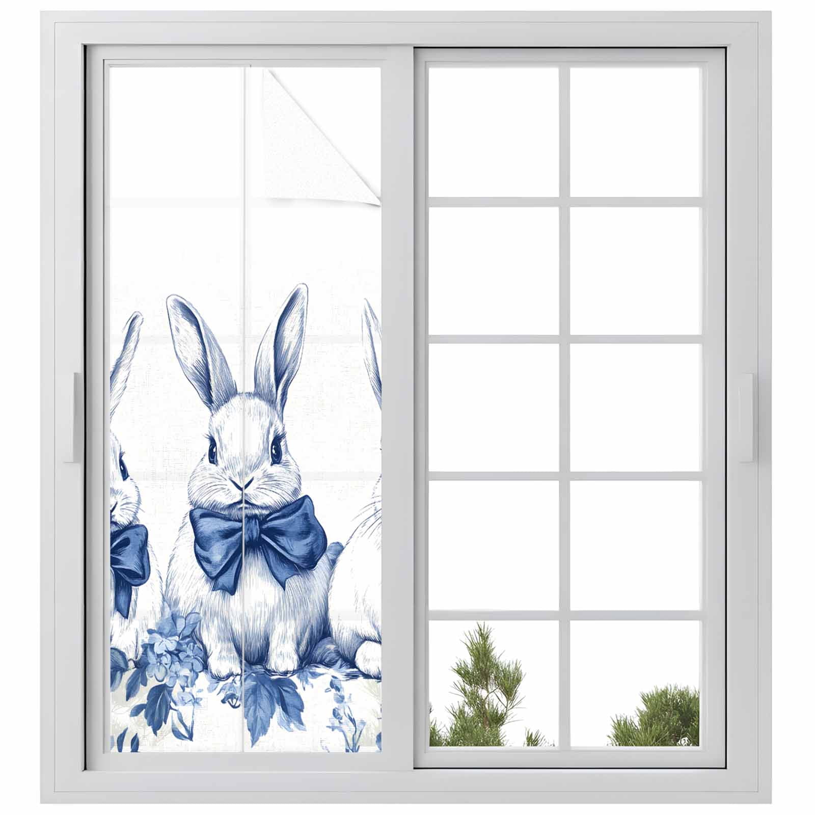 Easter Bunny Window Privacy Film, Simple Watercolor Blue Rabbits Country Spring Floral Leaf Frosted Glass Window Clings Static Cling UV Heat Blocking Reusable Door Sticker for Bathroom 23.6 x 59 Inch