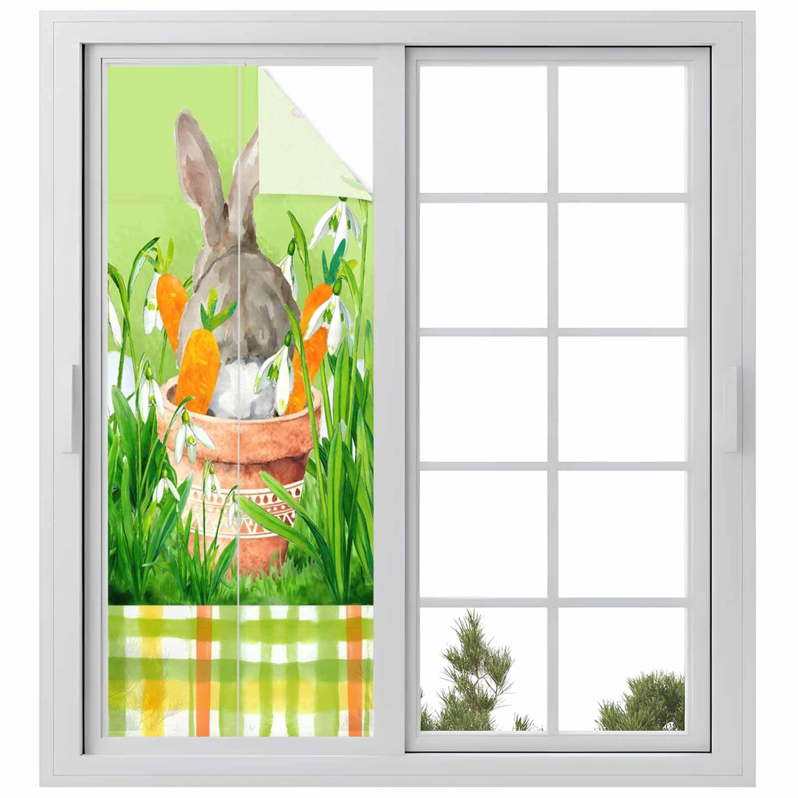 Easter Bunny Window Privacy Film, Spring Bunny Sitting on A Flowerpot Carrot Flower Green Frosted Glass Window Clings Static Cling UV Heat Blocking Reusable Door Sticker for Bathroom 23.6 x 59 Inch