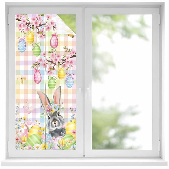 Easter Bunny Window Privacy Film, Spring Colorful Eggs Flower Branch Plaid Static Cling UV Sun Blocking Heat Control Window Tint Day and Night, Non-Adhesive One Way Privacy Cover 19.6''x39.3''