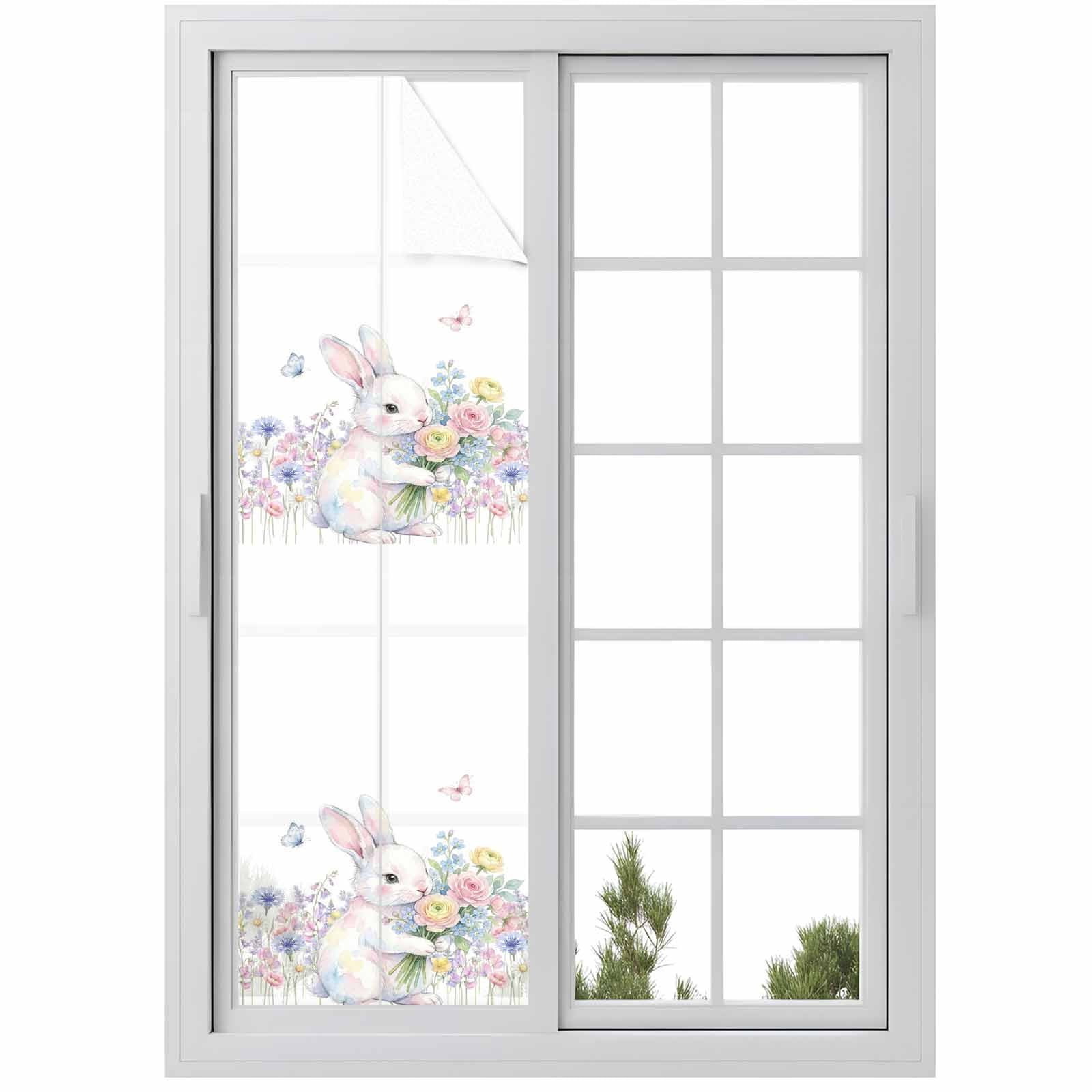 Spring Classroom Window Rabbit Easter Bunny Window Privacy Film, Spring Cute Rabbit with Blue Pink ...