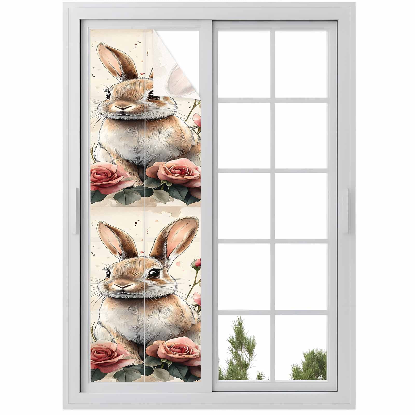 Easter Bunny Window Privacy Film, Vintage Brown Rabbit Red Roses ...