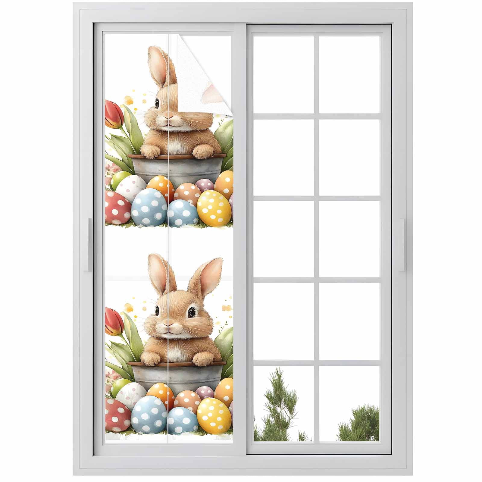 Easter Bunny Window Privacy Film, Watercolor Rabbit Blue Yellow Eggs ...