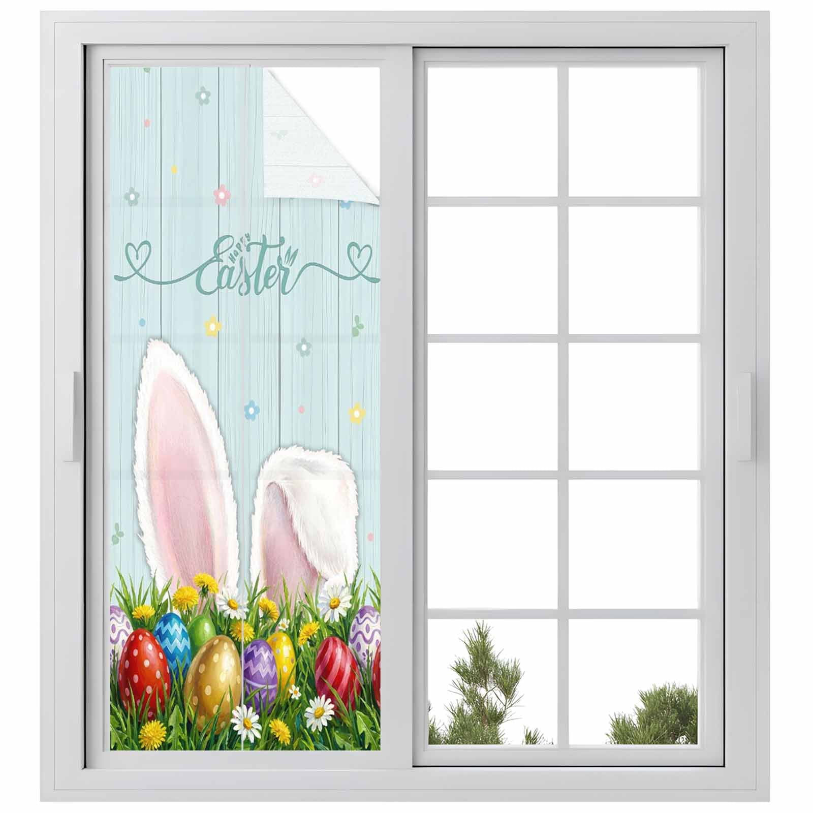 Easter Bunny Window Privacy Film, Watercolor Rabbit Colored Eggs Spring Country Leaf Wood Grain Frosted Glass Window Clings Static Cling UV Heat Blocking Reusable Sticker for Bedroom 23.6x59 Inch