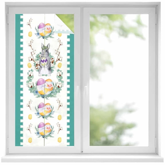 Easter Bunny Window Privacy Film, Watercolor Rabbit Purple Yellow Eggs Cotton Eucalyptus Leaf Frosted Glass Window Clings Static Cling UV Heat Blocking Reusable Sticker for Bedroom 19.6x39.3 Inch