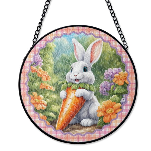 Easter Bunny With Carrot Suncatcher Stained Glass Style, UV Printed Glass, Spring Garden Rabbit Lover Gift, Round