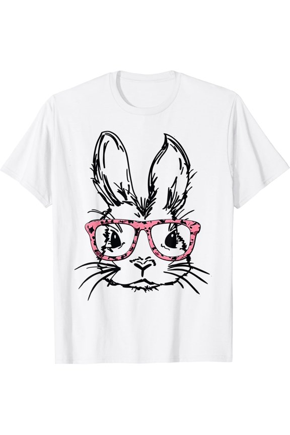 Easter Bunny With Glasses Face Cute Leopard Print Holiday T-Shirt, Size S-5XL