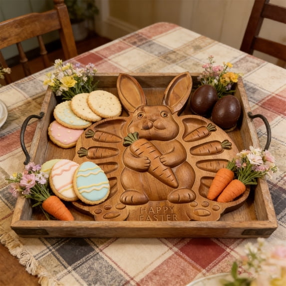 Easter Bunny Wood Tray, Rabbit Shaped Serving Platter, Wooden Cooked Food Tray, Holiday Appetizer Board, Spring Festival Tableware, Decorative Wood Platter