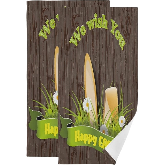 Easter Bunny Wooden Board Hand Towels 2 PCS, Rabbit Ears Kitchen Towel Ultra Soft and Highly Absorbent,Decorative Fingertip Face Towel for Bathroom Hotel, 28.3"x14.4"