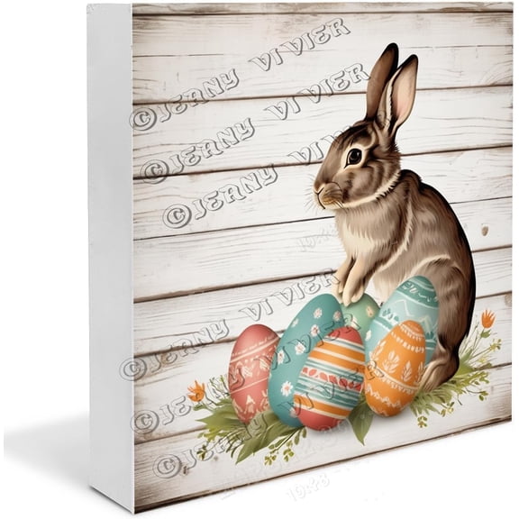 Easter Bunny Wooden Box Sign Cute Rabbit Gifts For Sisters Funny Easter Decorations for Party Rustic Shelf Decor Centerpiece Wooden Box Wood Block Signs 7x7 in