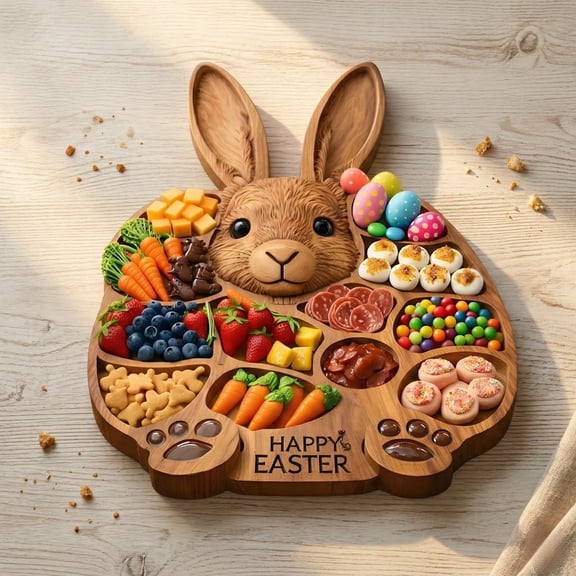 Easter Bunny Wooden Charcuterie Board, 11" Cute Rabbit Shaped Serving Tray with Compartments, Funny Snack Platter for Holiday Party Food Display