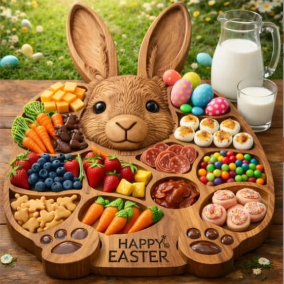 Easter Bunny Wooden Charcuterie Board,Cute Rabbit-Shaped Serving Tray with Compartments,Farmhouse Wood Snack & Cheese Platter,for EasterParty Centerpiece Holiday Snacks & Treats KitchenTable