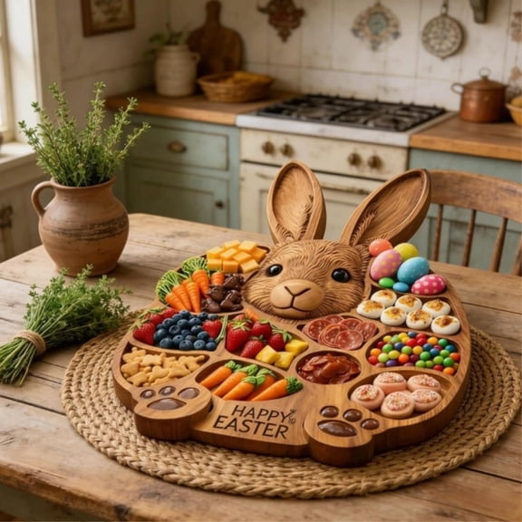 Easter Bunny Wooden Charcuterie Board, Rabbit Wooden Deli Board, Cute Rabbit-Shaped Serving Tray with Compartments, for EasterParty Centerpiece Holiday Snacks & Treats KitchenTable