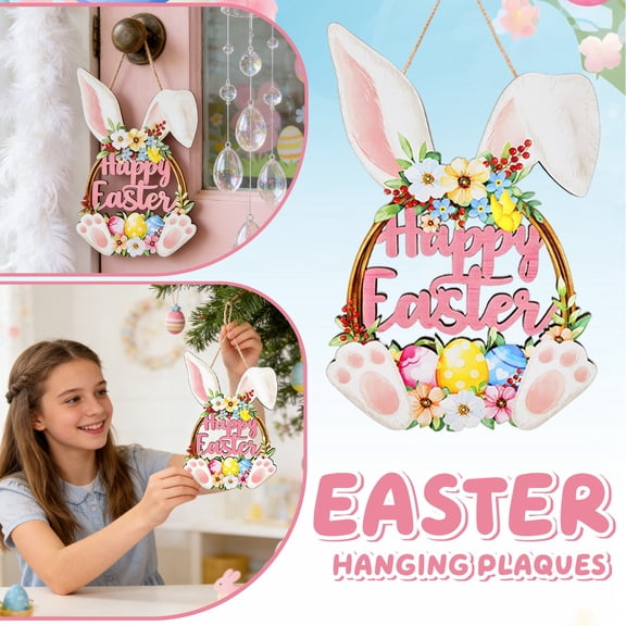 Easter Bunny Wooden Door Sign With Floral Decoration, 17×25Cm Easter Egg Plaque, Hanging Sign For Easter Home Decor, Festive Spring Door Accent