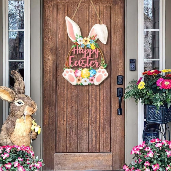 Easter Bunny Wooden Doorplate Sign Floral Happy Easter Wall Decor Natural Wood Slice Hanging with Lanyard Festive Spring Door, Window, Fireplace Decoration Rustic Home Party Accent, 1 Pendant