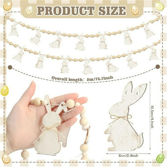 Easter Bunny Wooden Garland Hanging Decor 78.7in with Beads for Fireplace Mantel, Easter Decorations for Home Party Wall Display