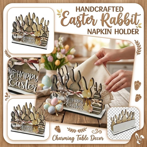Easter Bunny Wooden Napkin Holder, Rustic Easter Decorations for Home Dining Table, Festive Centerpiece Table Decorations for Party, Spring Decor Desktop Ornament