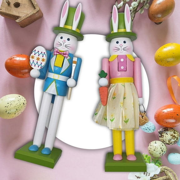 Easter Bunny Wooden Nutcracker Decor, 12" Wooden Nutcracker Decorations, Easter Nutcracker Figure, Collects Nutcracker Ornament for Spring Festival Party Nutcracker Gifts, Blue Pink