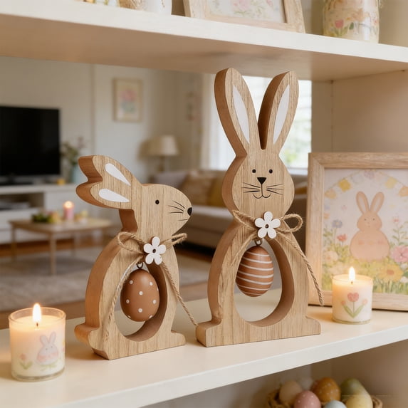 Easter Bunny Wooden Sign Set with Hanging Egg Decorations, Two Piece Tiered Tray Display for Spring Tabletop and Shelf, Natural Wood Centerpiece for Holiday Home Decor and Festive Styling