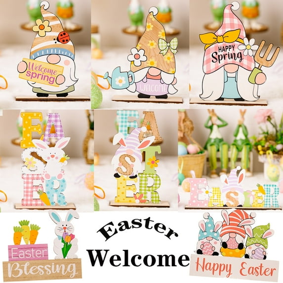 Easter Bunny Wooden Signs Tiered Tray Decorations,Welcome Spring Wooden Signs for Home Office Desktop Ornament Kids Gifts,1PC
