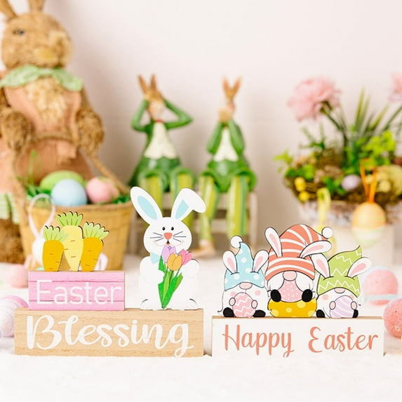 Easter Bunny Wooden Signs Tiered Tray Decorations,Welcome Spring Wooden Signs for Home Office Desktop Ornament Kids Gifts,1PC