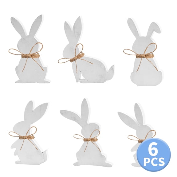 Easter Bunny Wooden Signs - White Rabbit Table Decor with Jute Rope for Farmhouse Tiered Trays and Tabletops,6 Pcs